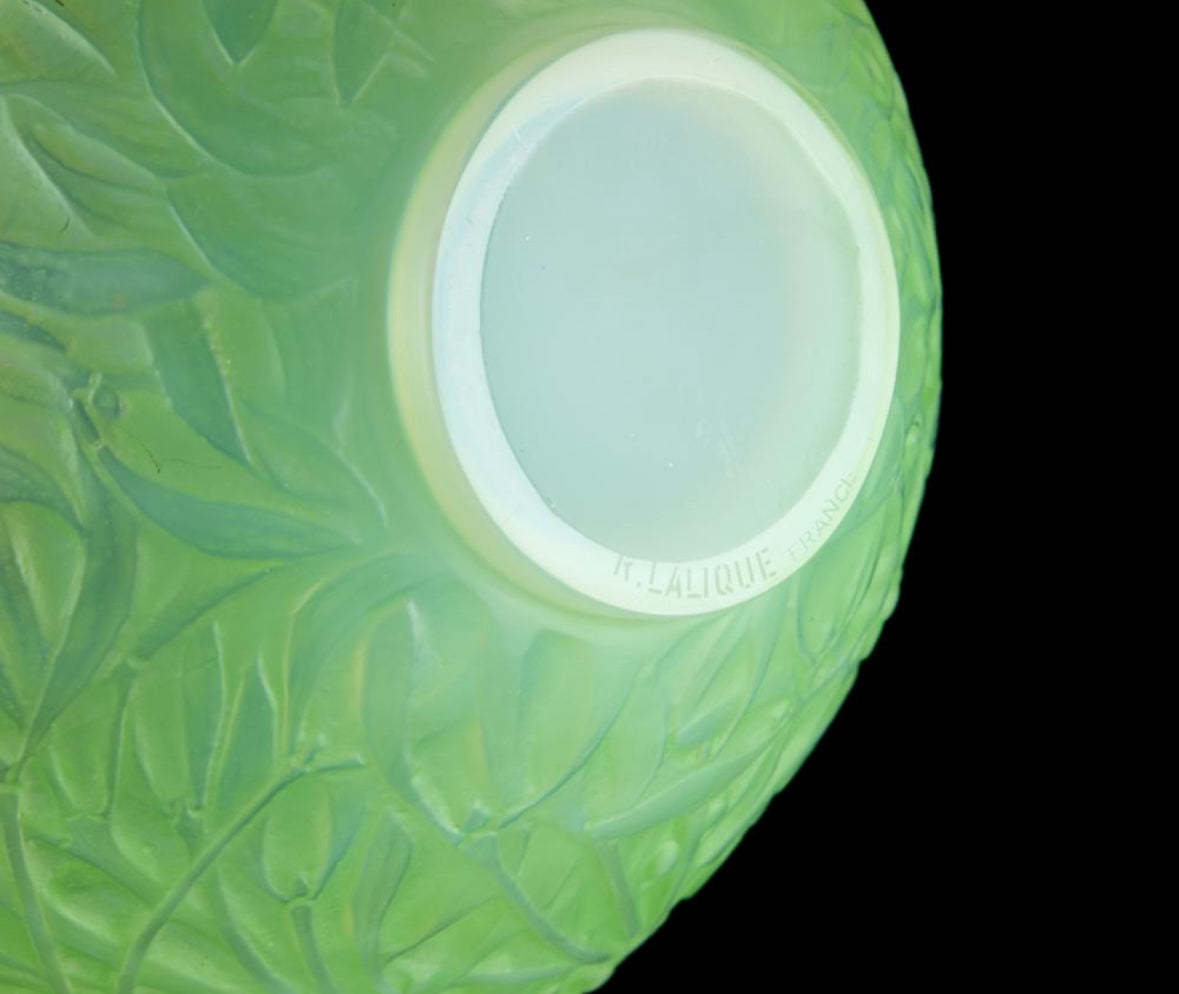 René Lalique "Gui" Vase in Opalescent Green Glass, Circa 1920