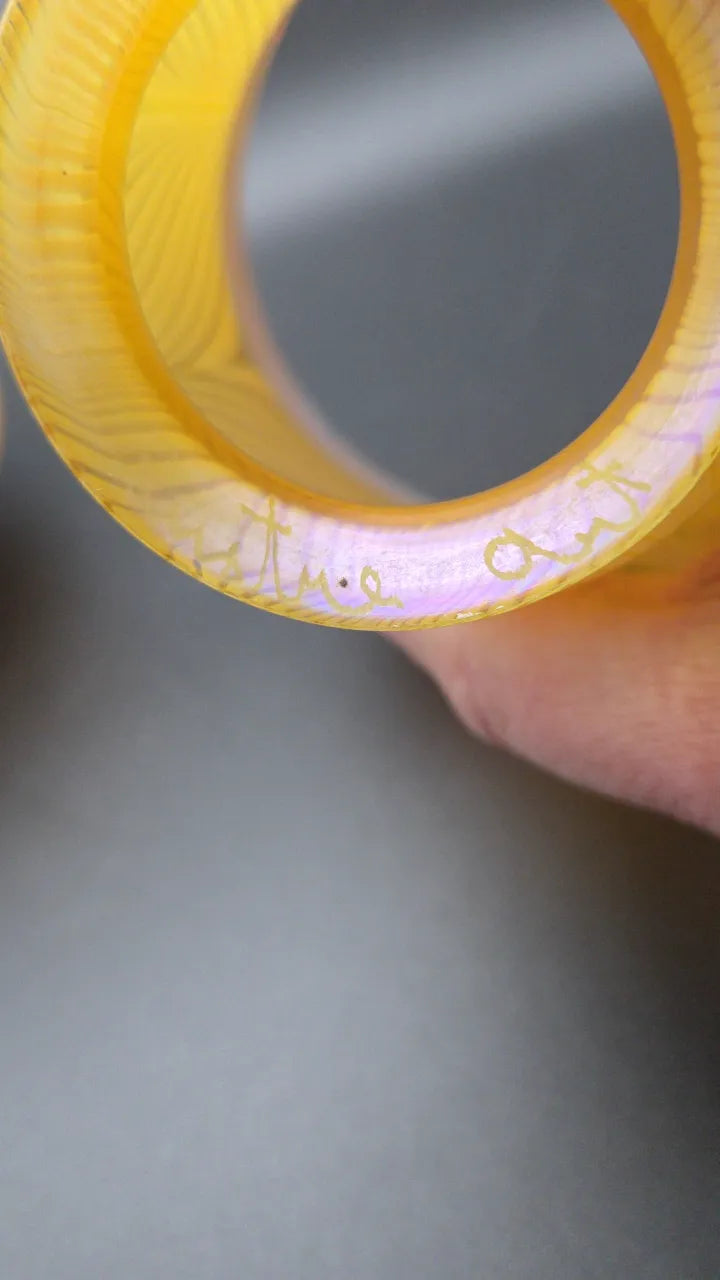 Lustre Art Glass Gold Iridescent Pulled Feather Lamp Shade with Threaded Base, Signed