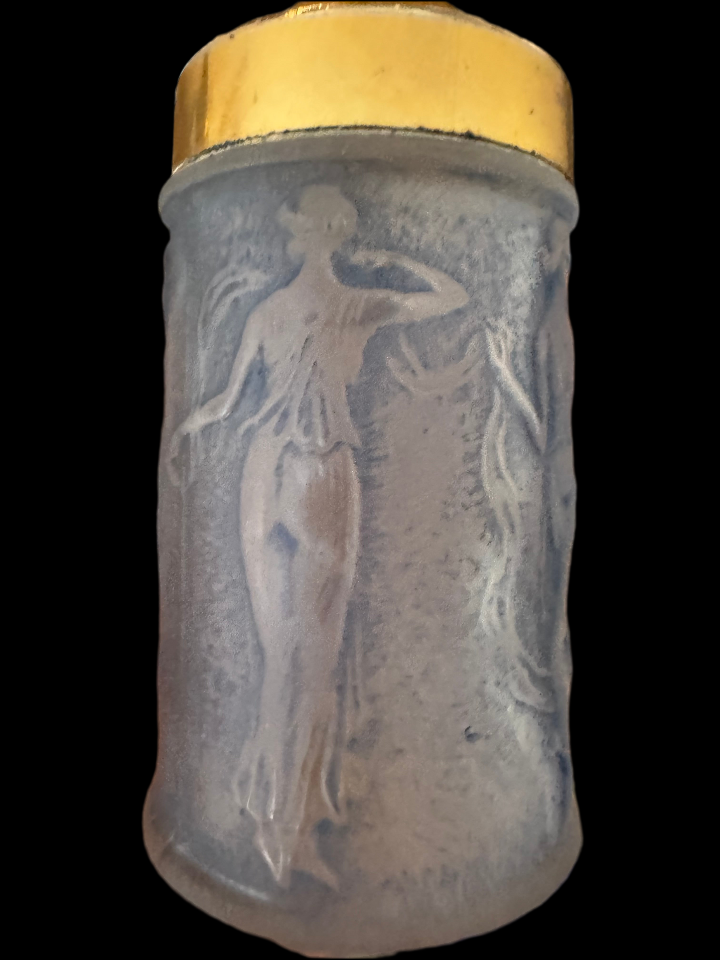 Rene Lalique Art Glass Molded Beauties Flacon Perfume Bottle Molinard Blue Patina