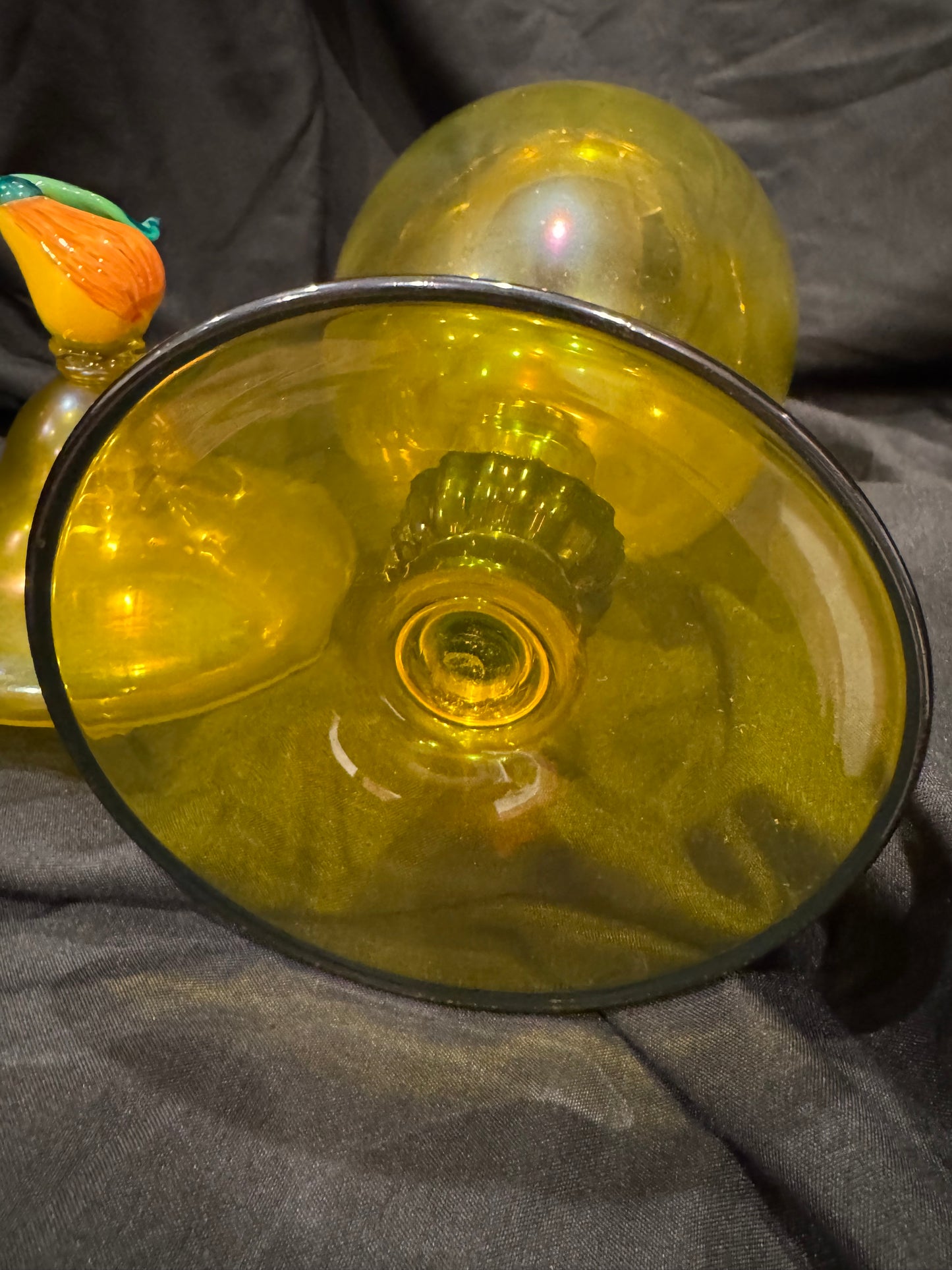 Vintage Steuben Yellow Iridescent Glass Covered Compote
With Fruit Finial
