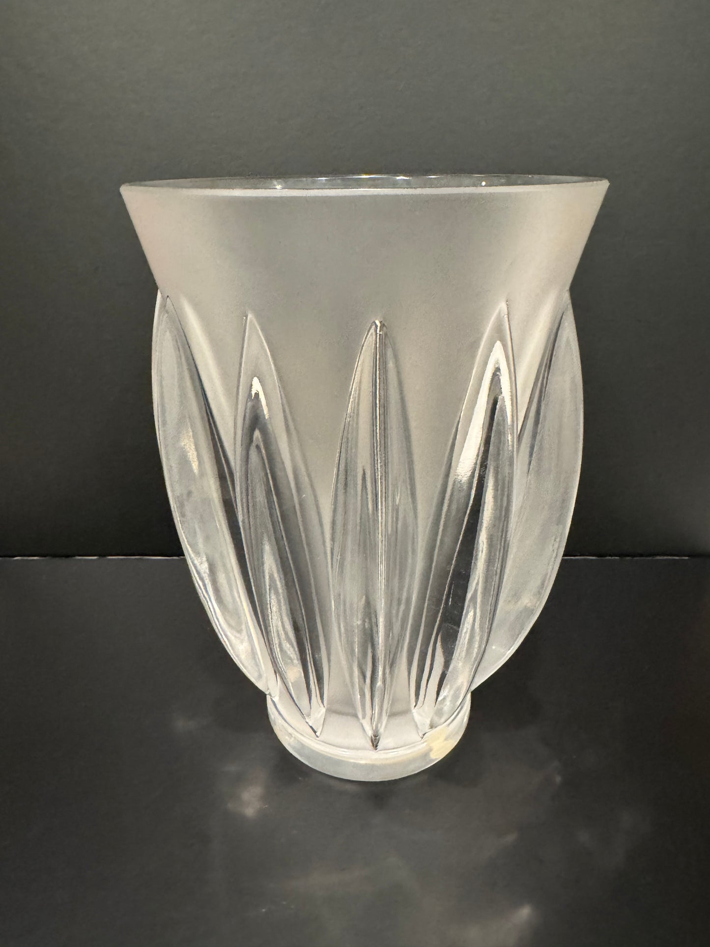 Lalique France Courcheval Frosted Clear Ribbed Vase, 8" Vintage, Signed