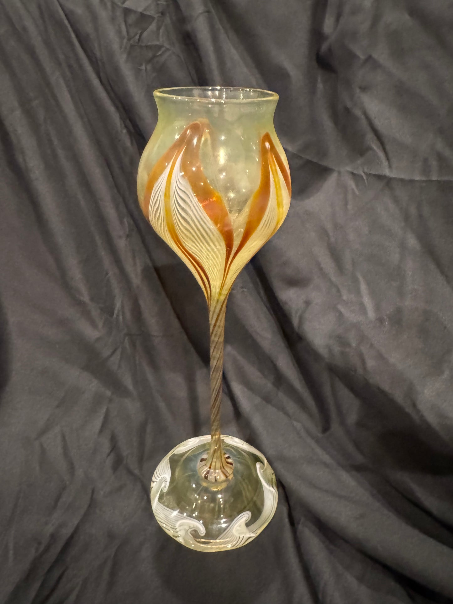 TIFFANY STUDIOS NEW YORK FAVRILE GLASS ELONGATED FLOWER FORM VASE
