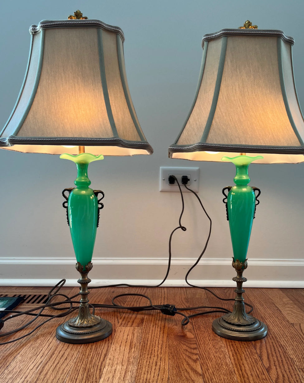 Antique Steuben Green Apple Glass Lamps by Carder Steuben - a Pair