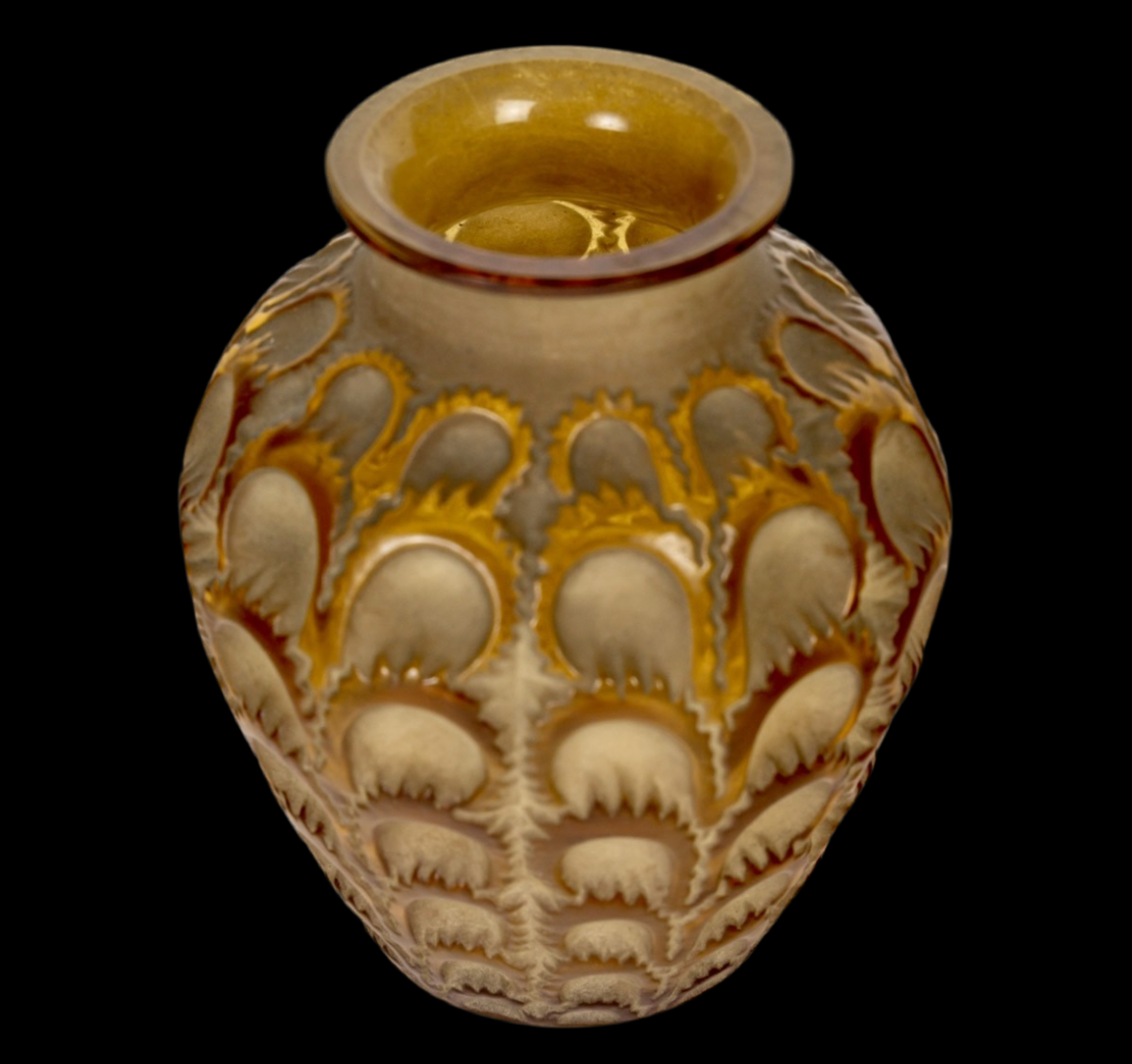 1931 René Lalique - Vase Laiterons Yellow Amber Glass with Sepia Patina