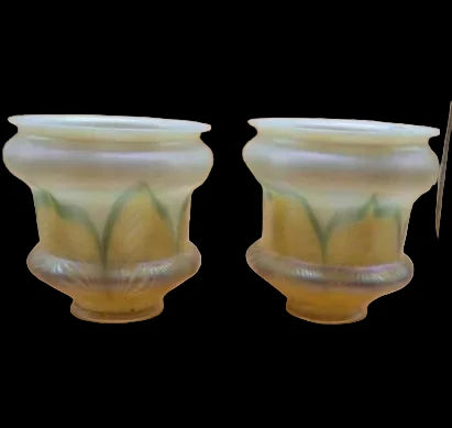 Quezal Gold Aurene And Pulled Feather Glass Lamp Light Shade, Set Of 2