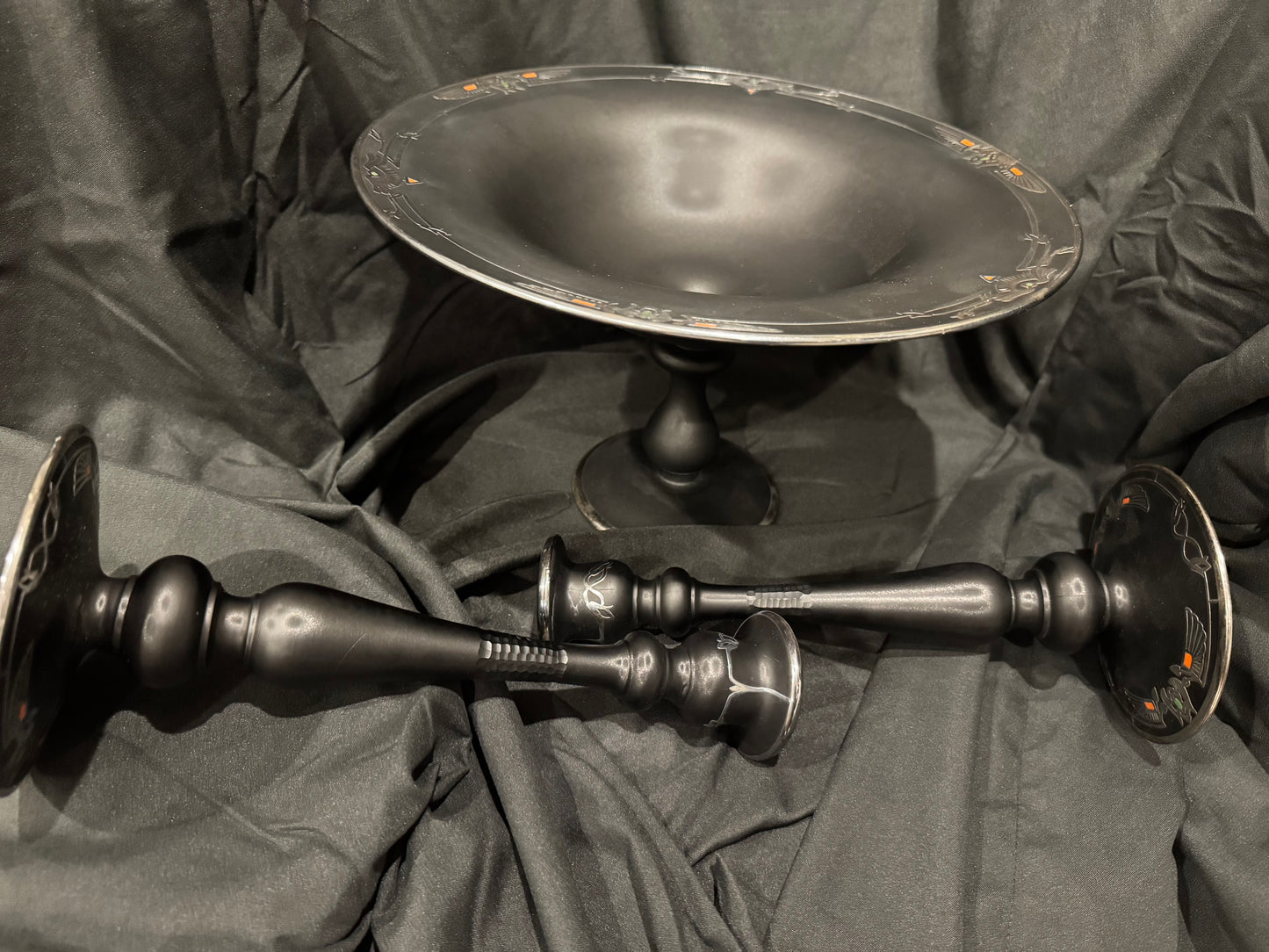 Art Nouveau Rockwell Black Satin Glass - Silver Overlay Egyptian Scrying Bowl & Candlestick Set