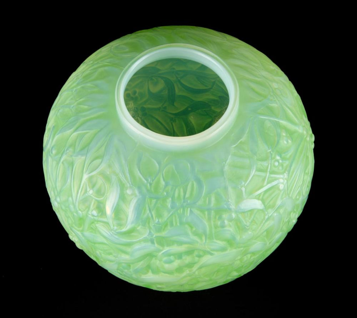 René Lalique "Gui" Vase in Opalescent Green Glass, Circa 1920