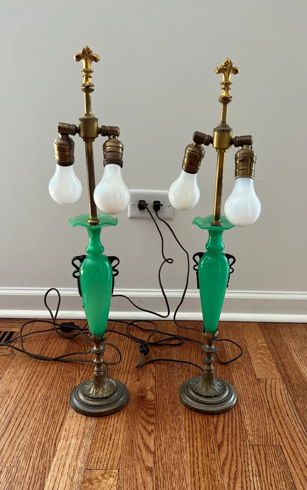 Antique Steuben Green Apple Glass Lamps by Carder Steuben - a Pair