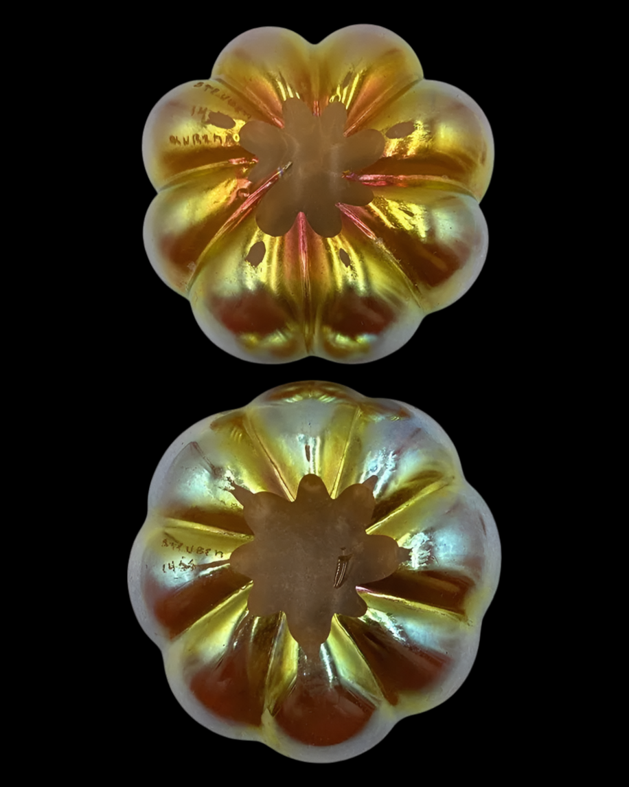 Signed Pair of Steuben Aurene Gold Iridescent Perfume Bottles