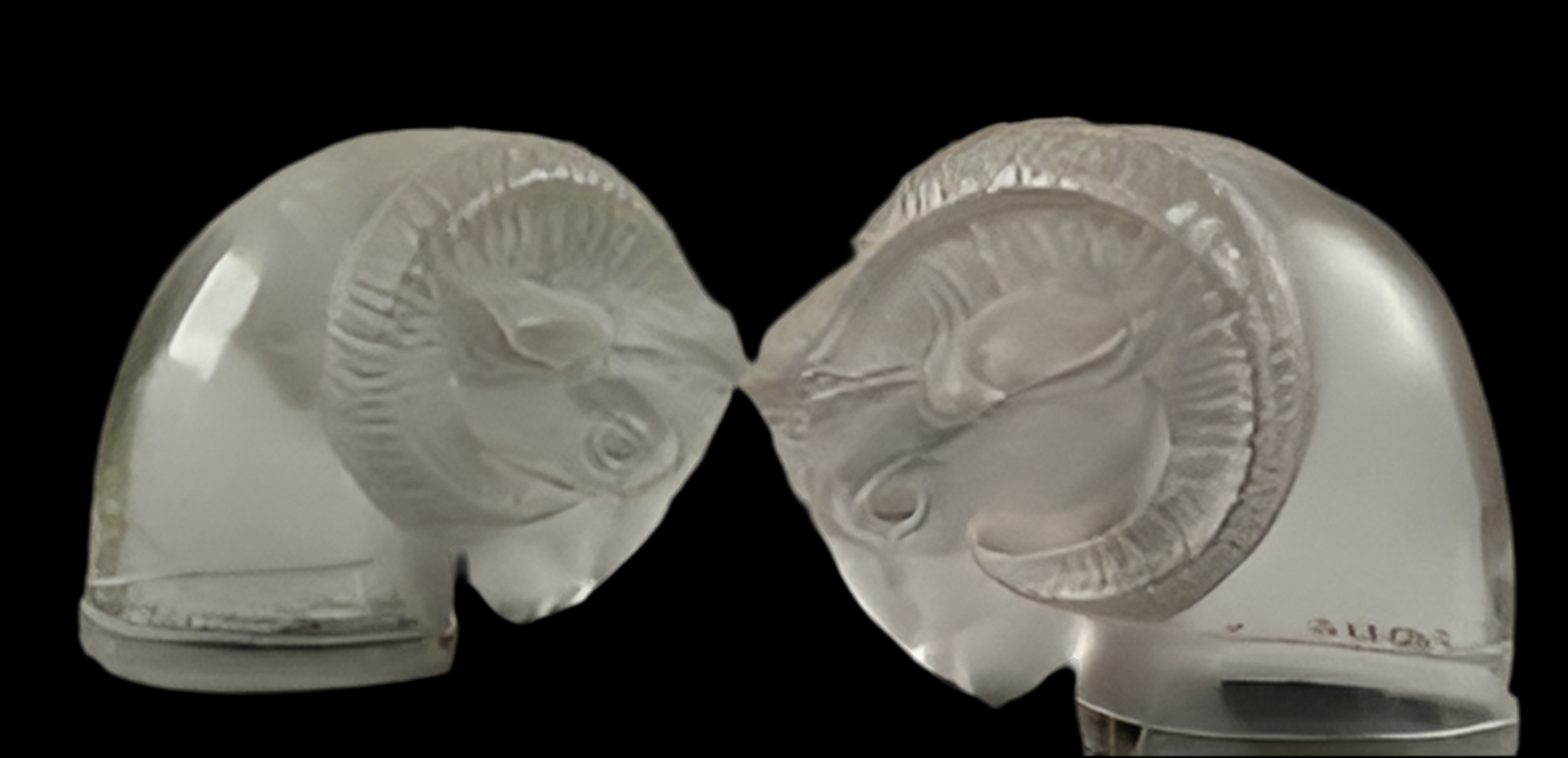 Rare René Lalique "Bélier" (Ram's Head) Bookend Pair - Crystal Glass