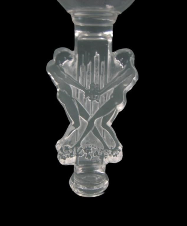 René Lalique "Strasbourg" Set of 3 Champagne Coupes, Art Deco Frosted Nude Figural Stems, c. 1926