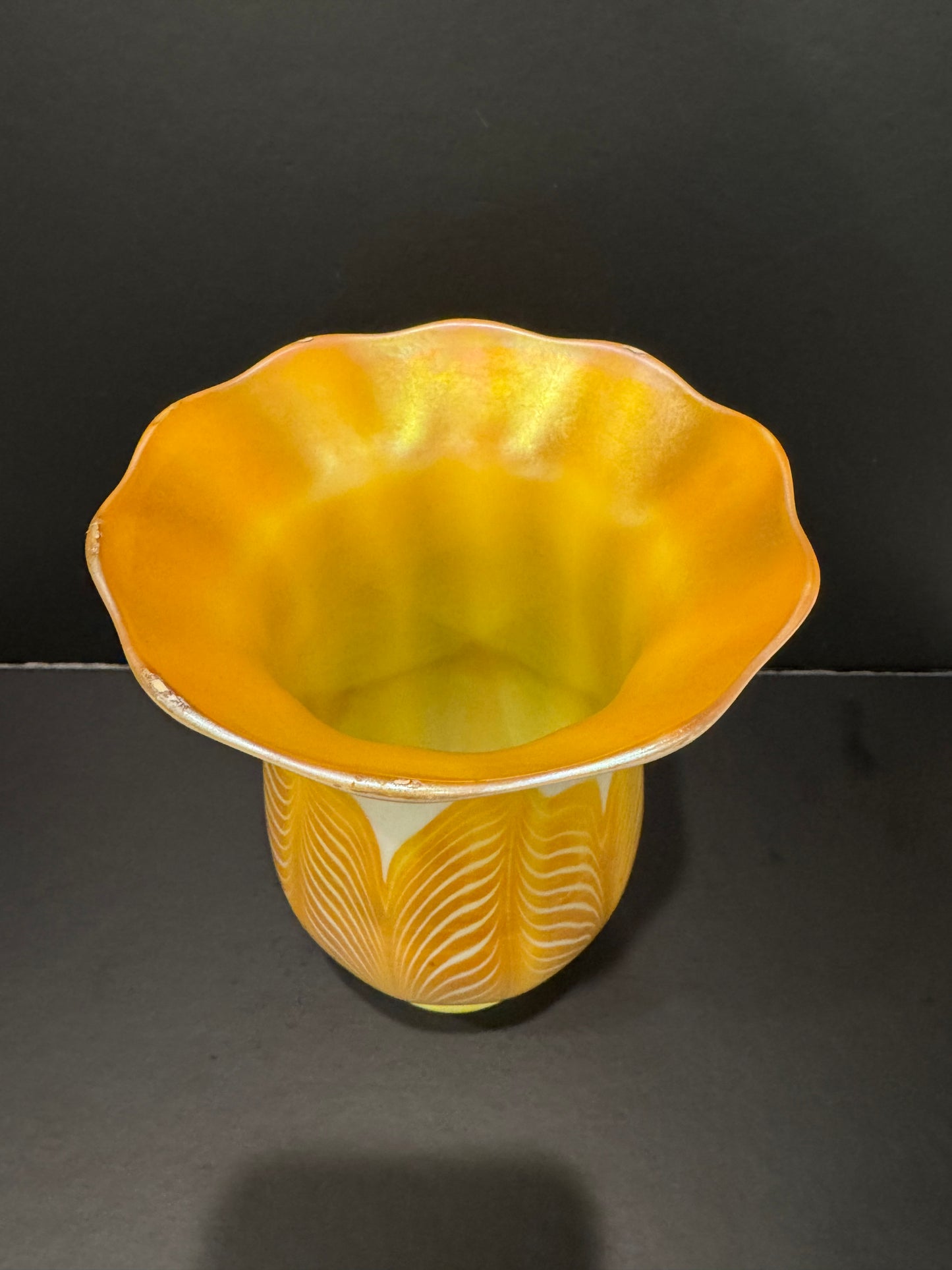 Quezal Art Glass Lamp Shade - 6" Golden Yellow with Pulled Feather Design