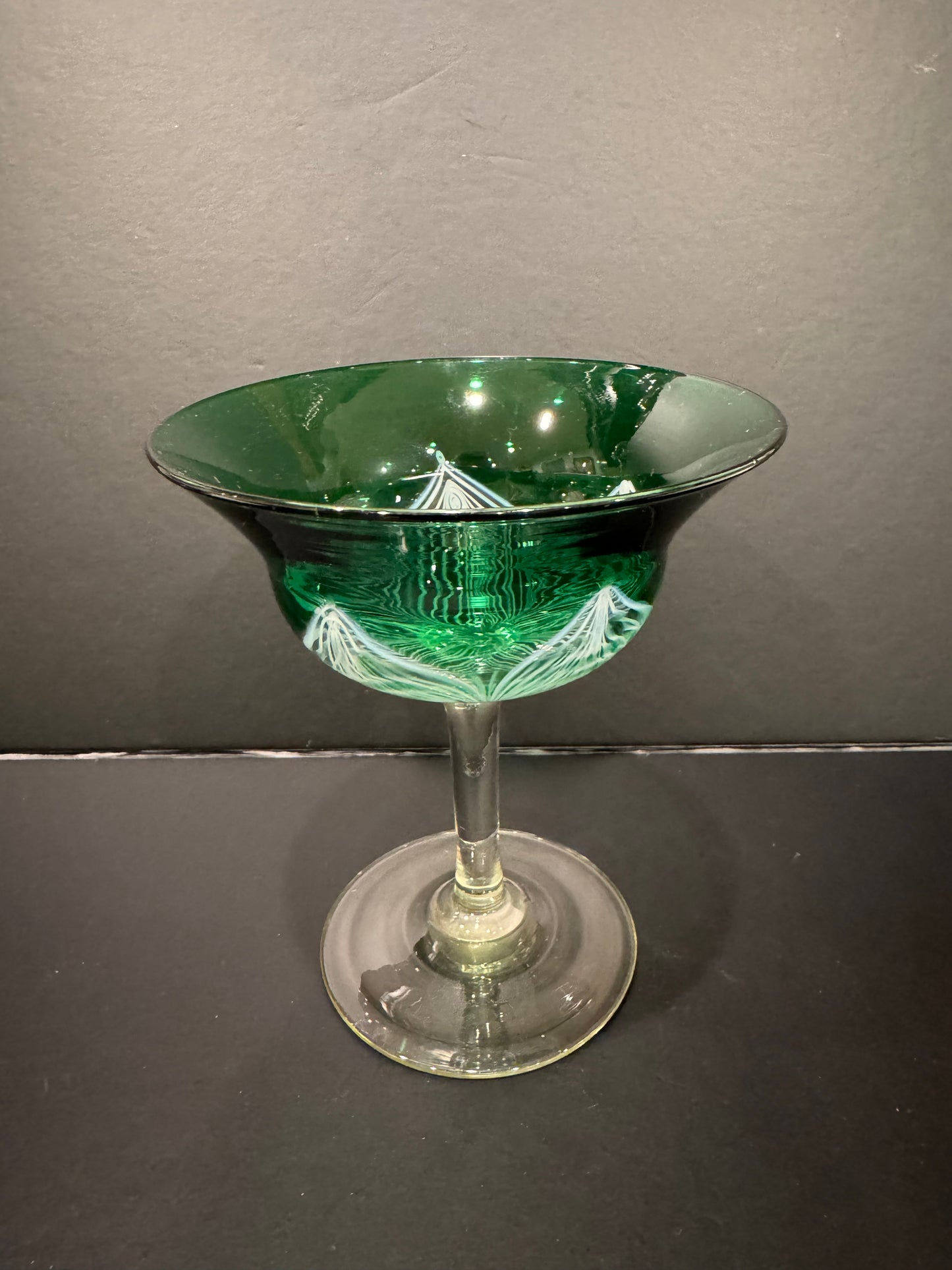 Rare Victor Durand Emerald Green Pulled Feather Parfait Compote with Pulled Feather Decoration, c. 1925