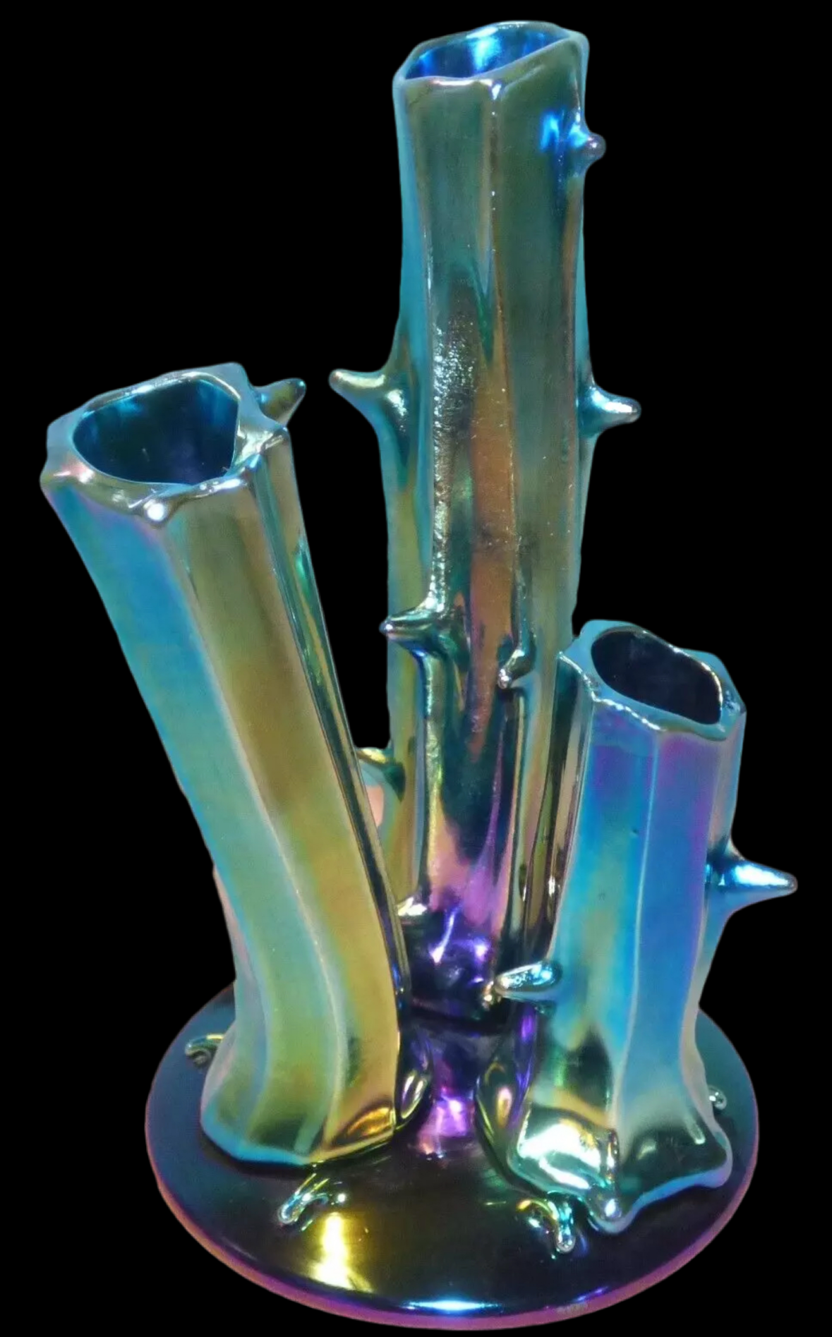 Steuben Glass Blue Aurene 3 Prong Tree Trunk, Stump Vase with Thorns #2744