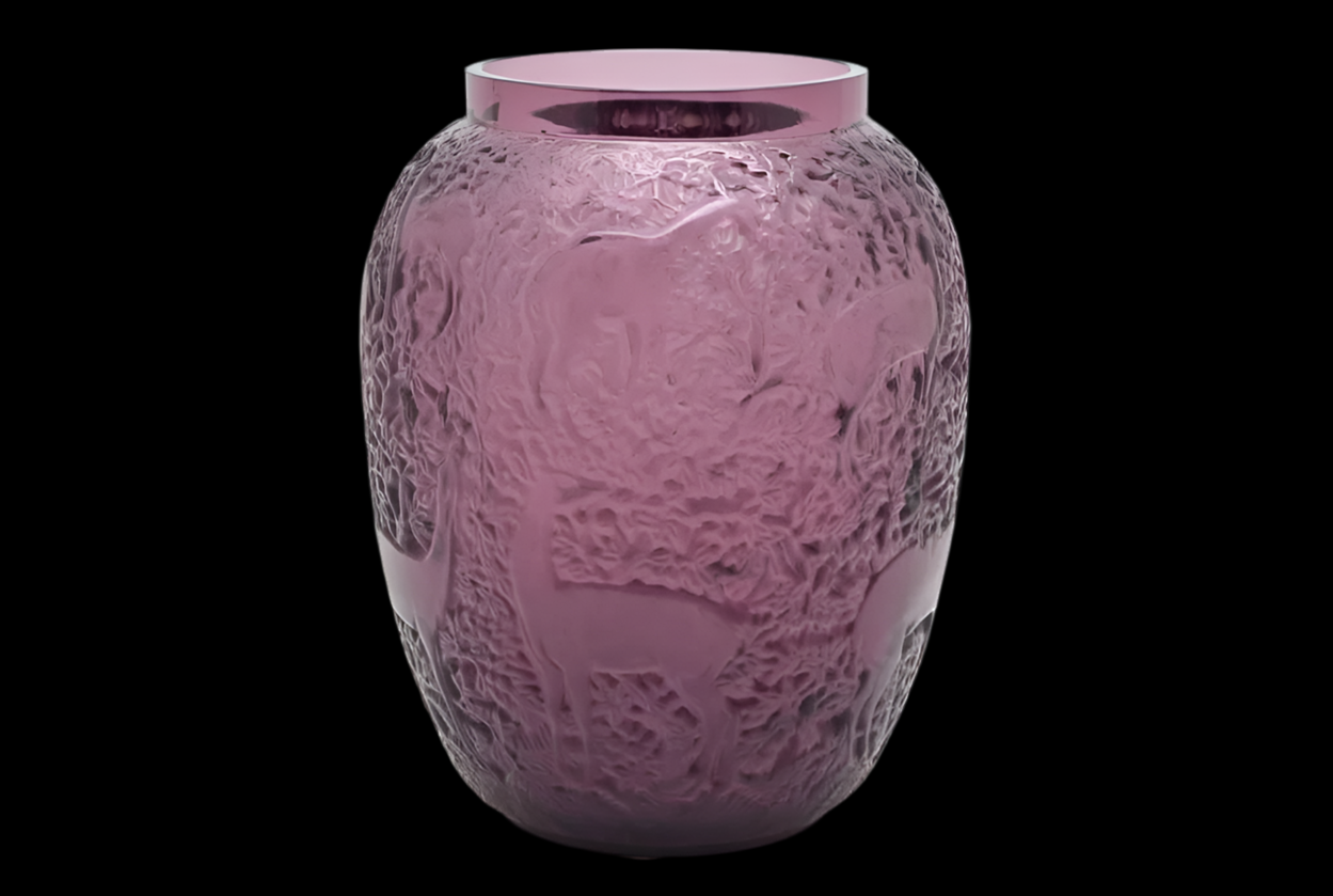 Lalique Frosted Amethyst Glass Vase: Biches New W/ Box