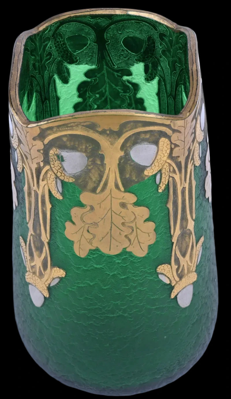 Vase Signed Mt. Joye French Art Glass, Emerald Green Acid Cut