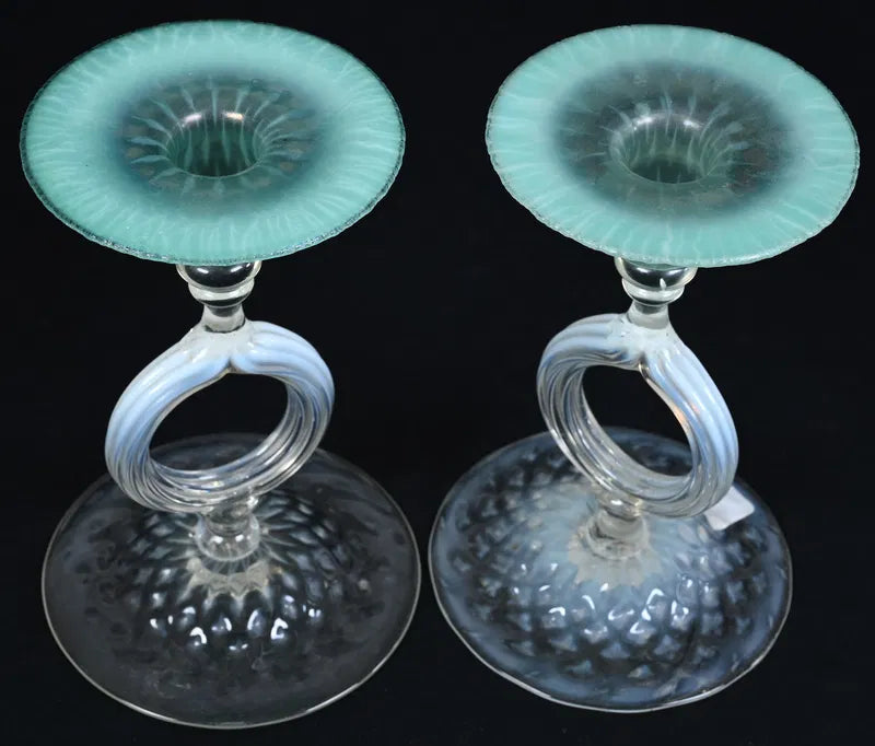 Pair Tiffany Studios Candlesticks Marked LCT Favrile #1850 Art Glass, Pastel Green Opalescent