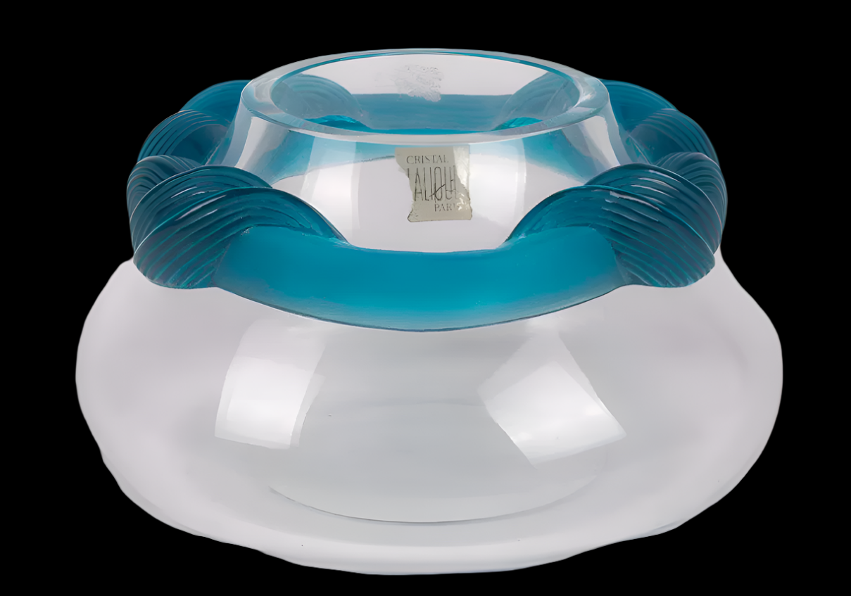 Lalique Crystal Cyrus Centerpiece Vase w/ Blue Waves