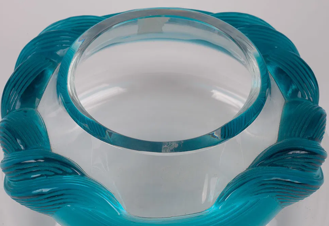 Lalique Crystal Cyrus Centerpiece Vase w/ Blue Waves