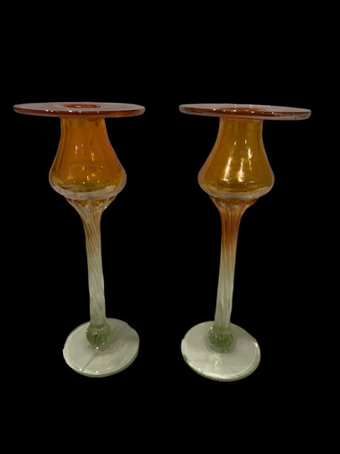 Rick Strini Iridescent Blown Art Glass Candle Holder Vase SIGNED 8.5”