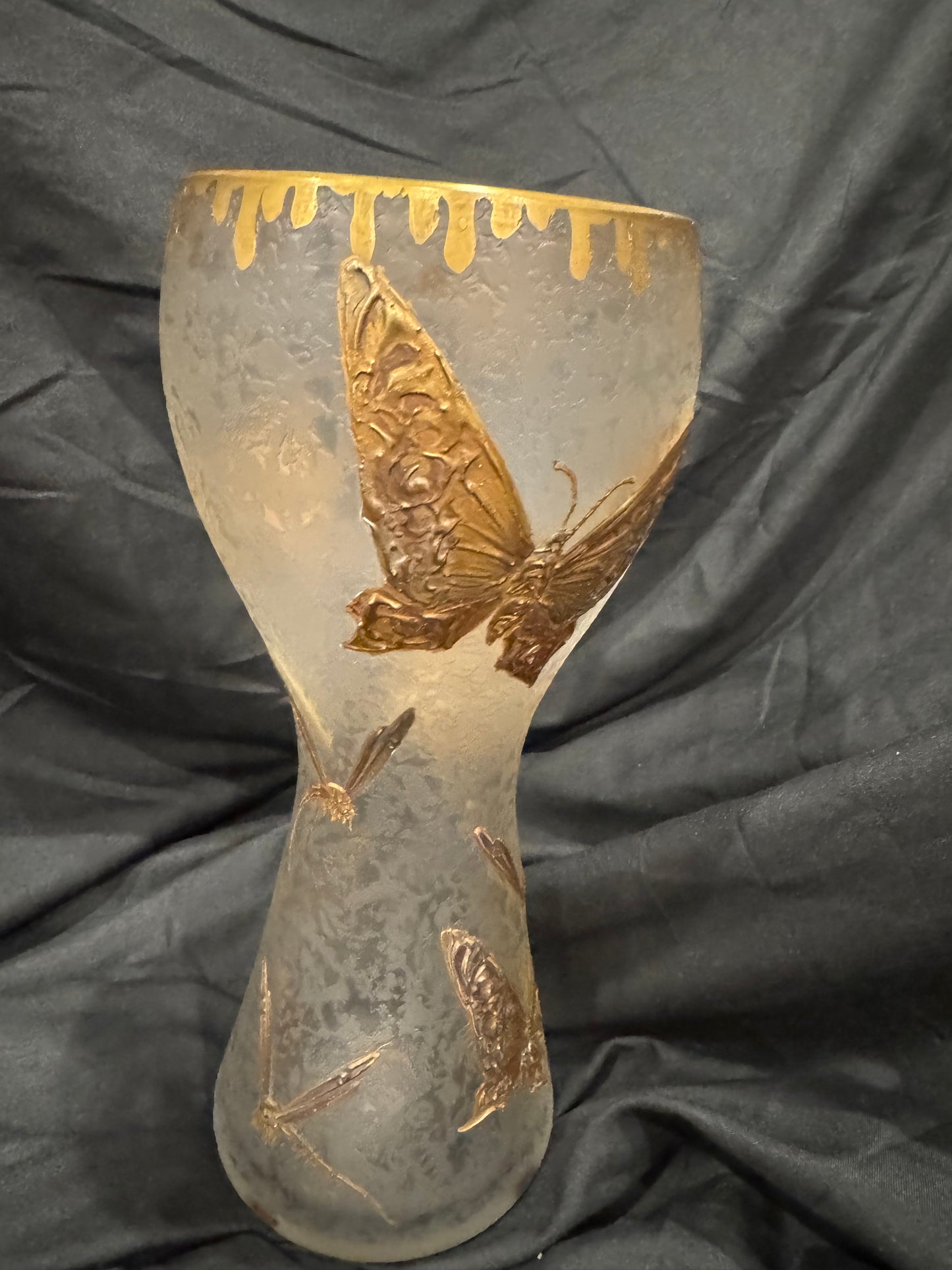 Mont Joye Cameo Glass Vase with Gilt Butterflies and Dragonflies, Circa 1900-1920