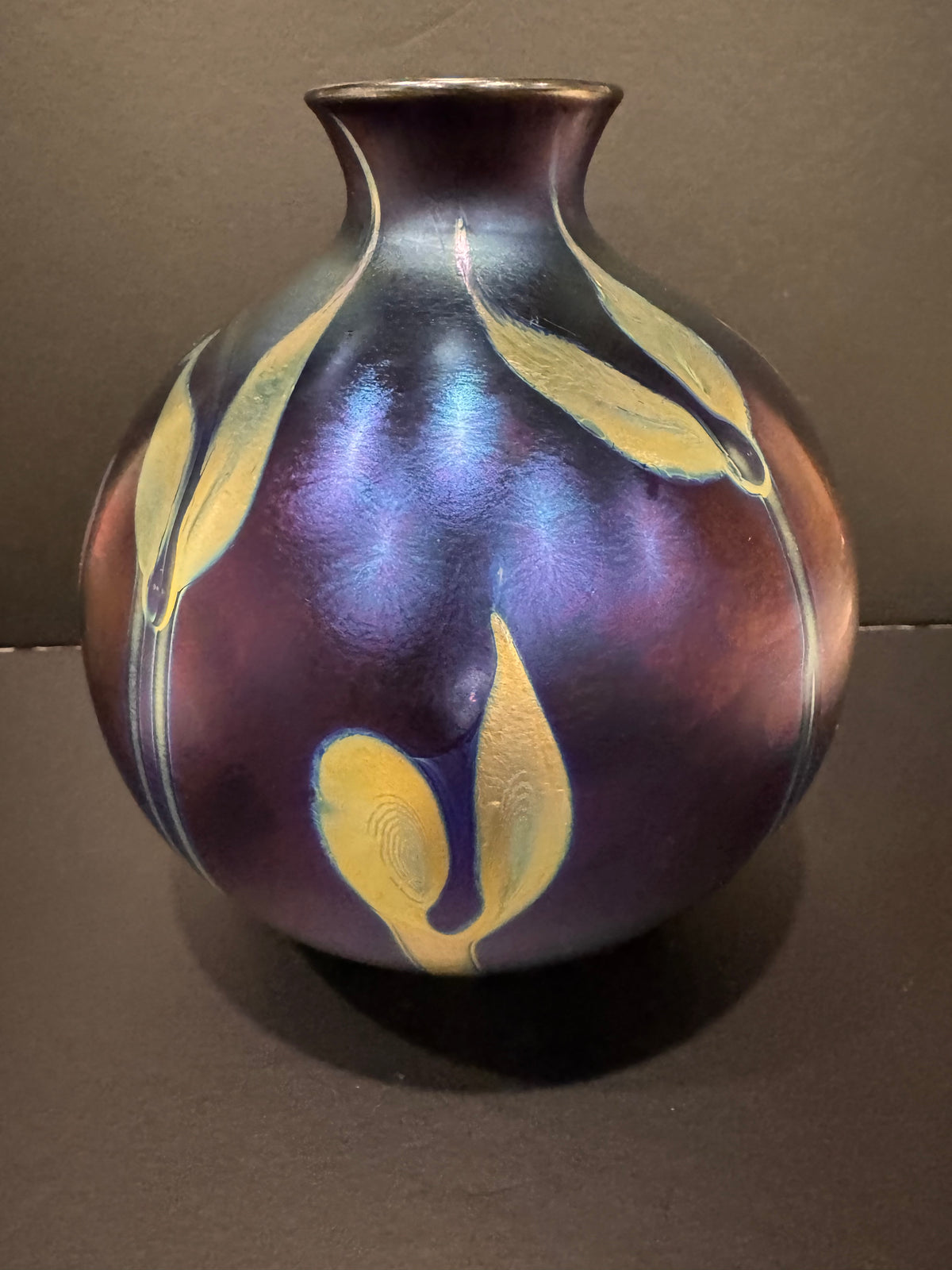 Charles Lotton Iridescent Art Glass Vase — Pulled Leaf and Vine