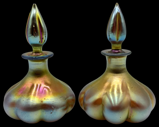 Signed Pair of Steuben Aurene Gold Iridescent Perfume Bottles