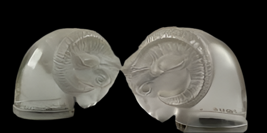 Rare René Lalique "Bélier" (Ram's Head) Bookend Pair - Crystal Glass
