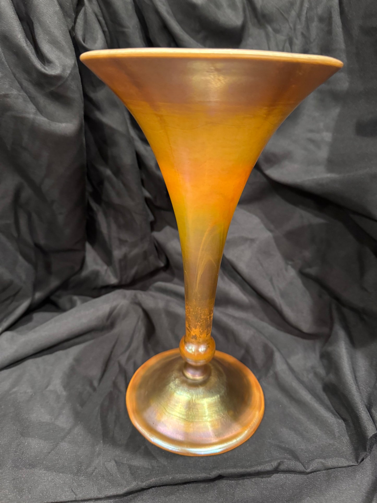 Tiffany Studios Favrile Monumental Trumpet Vase - 11" Golden Amber Iridescent Art Glass