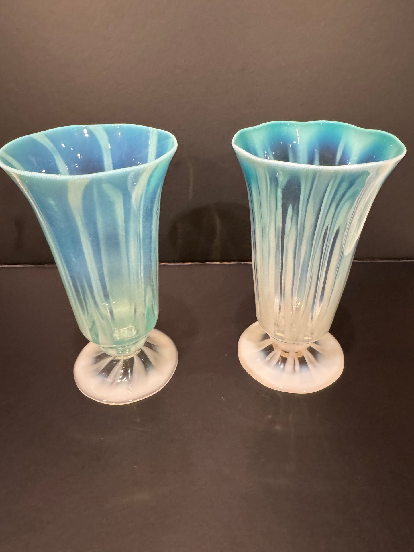 Pair of Tiffany Studios Pastel Opalescent Juice Glasses in Turquoise Blue, Circa 1900-1920