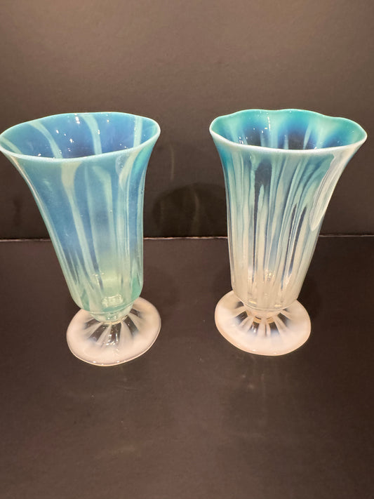 Pair of Tiffany Studios Pastel Opalescent Juice Glasses in Turquoise Blue, Circa 1900-1920
