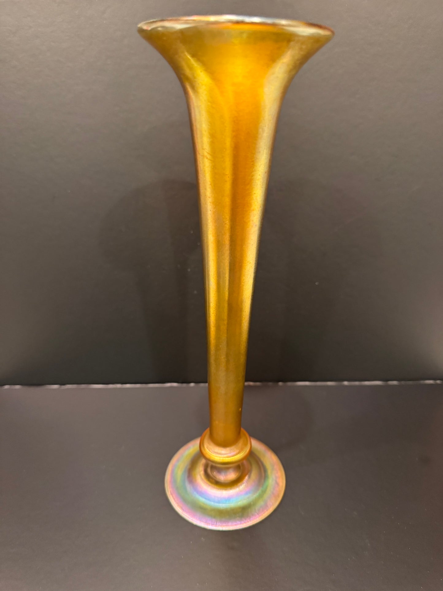 Authentic L.C. Tiffany Favrile Gold Iridescent Trumpet Vase — 10" Tall, Engraved Signature, c. Early 20th Century