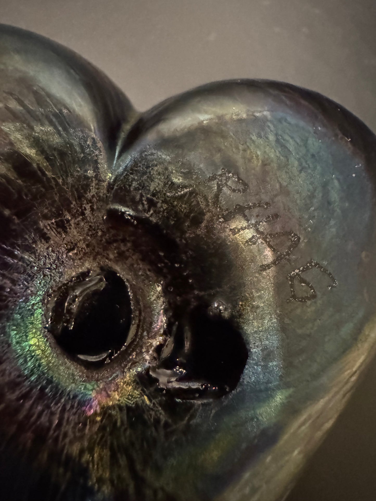 Robert Held Art Glass Heart Paperweight - Iridescent with Gold Aventurine