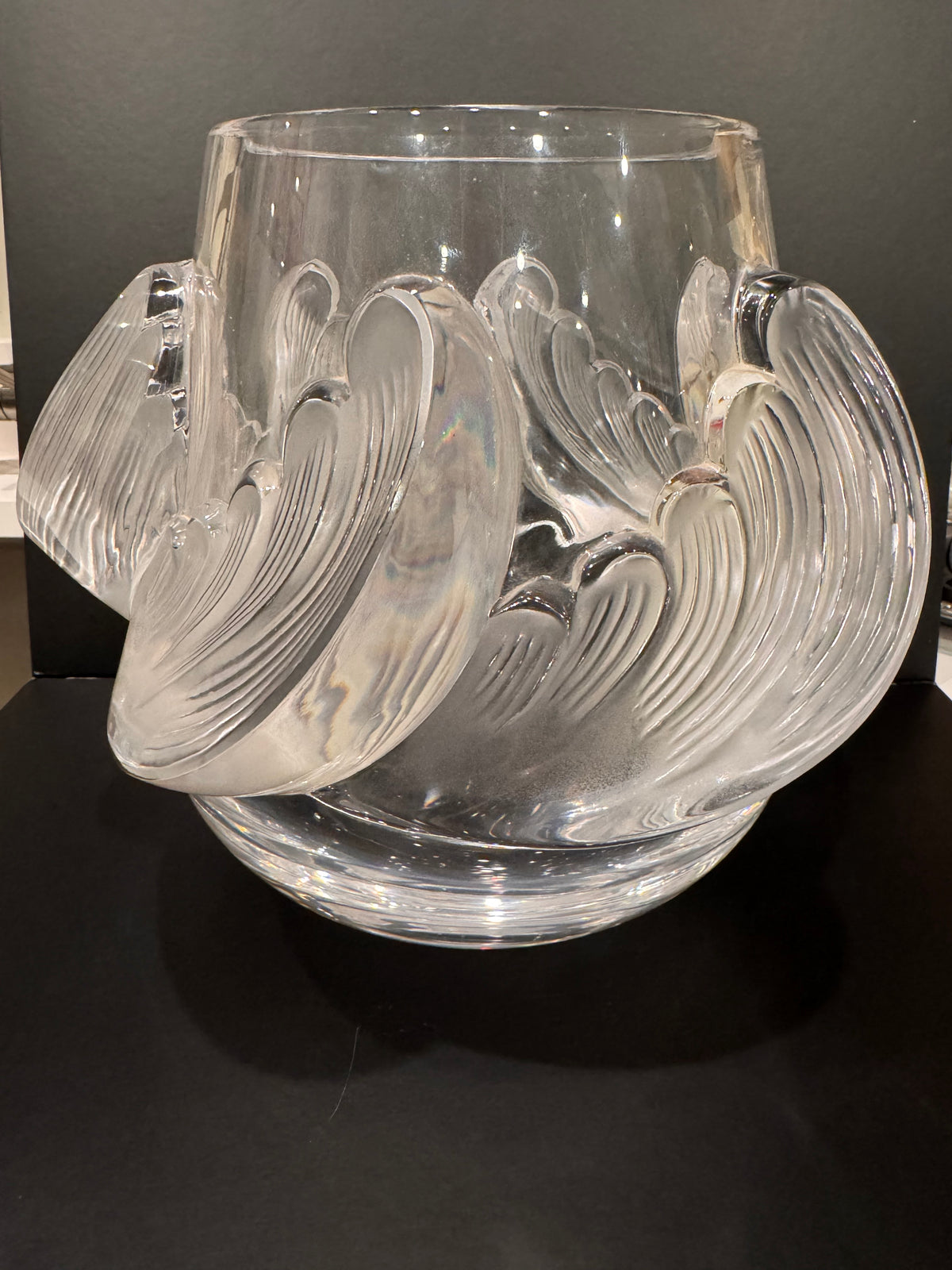 Large Lalique "Vagues" Crystal Vase, 9 in — Frosted & Clear Sculpted Waves