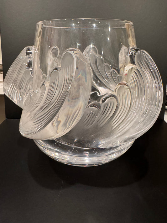 Large Lalique "Vagues" Crystal Vase, 9 in — Frosted & Clear Sculpted Waves