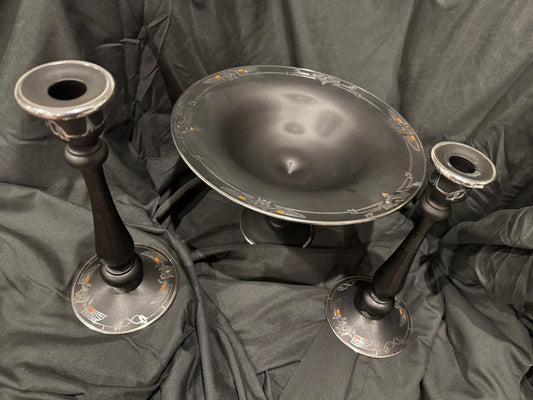 Art Nouveau Rockwell Black Satin Glass - Silver Overlay Egyptian Scrying Bowl & Candlestick Set