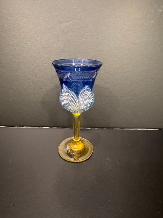 Rare Victor Durand Cobalt Blue Pulled Feather Cordial with Engraved Rim and Citron Stem, c. 1925