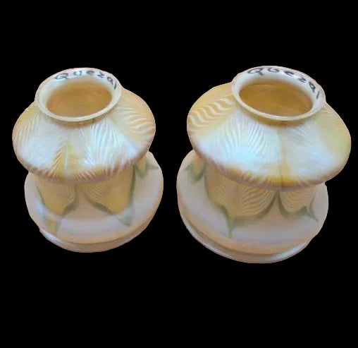 Quezal Gold Aurene And Pulled Feather Glass Lamp Light Shade, Set Of 2