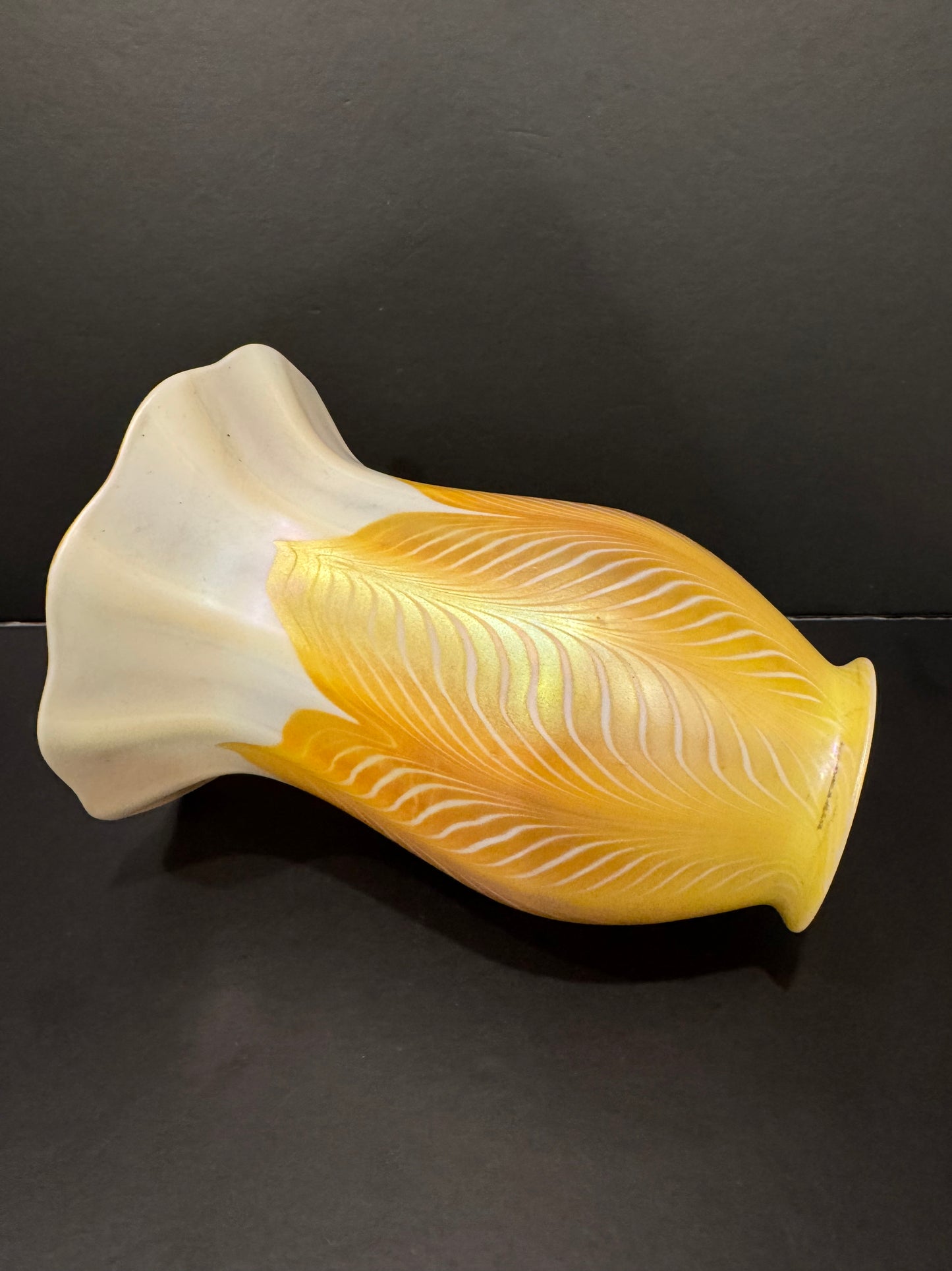 Quezal Art Glass Lamp Shade - 6" Golden Yellow with Pulled Feather Design