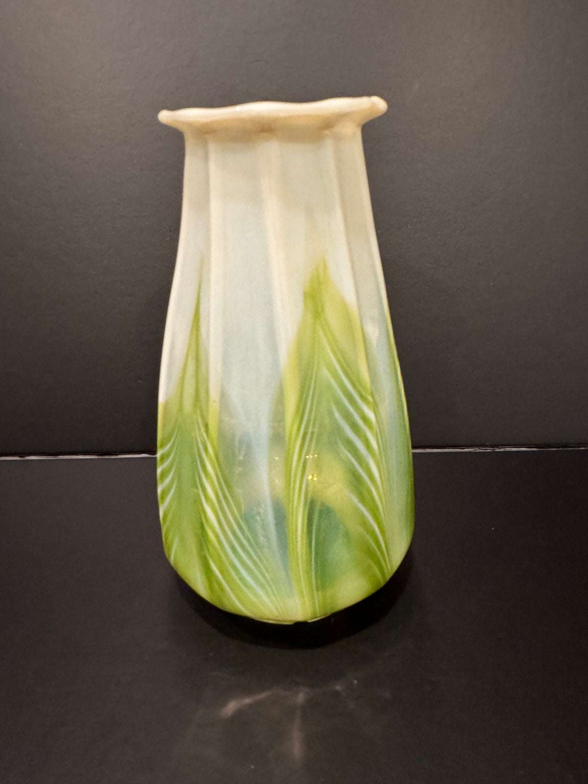 Tiffany Studios LCT Signed Favrile Glass Pulled Feather Shade — Green & Opal, 5.5"