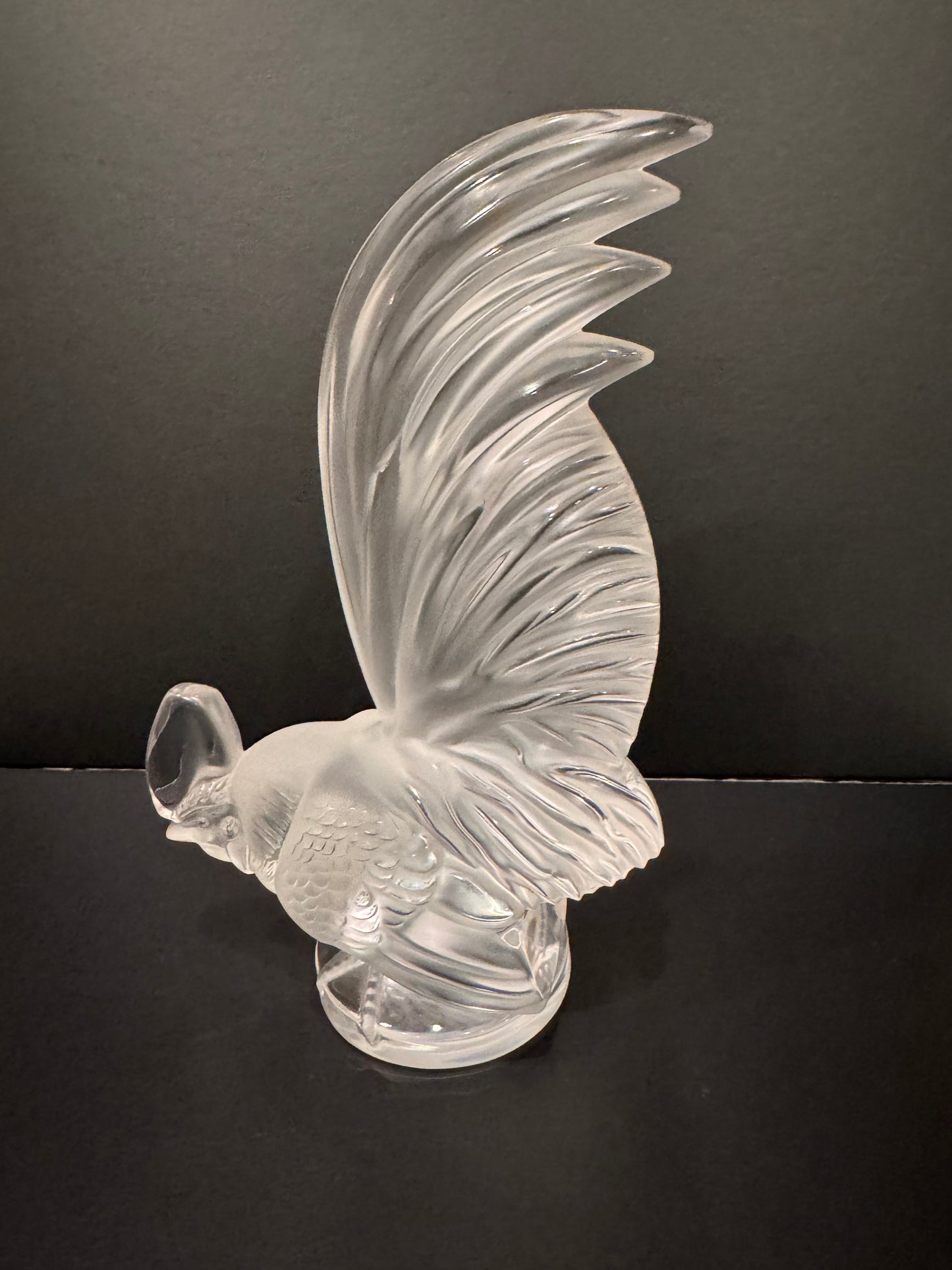 Lalique France Crystal "Coq Nain" Rooster Car Mascot — Model 1135, Frosted & Clear, 8"
