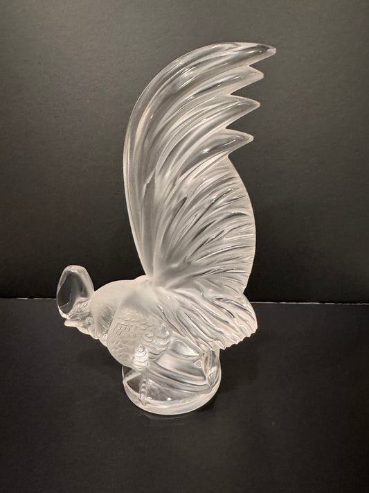 Lalique France Crystal "Coq Nain" Rooster Car Mascot — Model 1135, Frosted & Clear, 8"