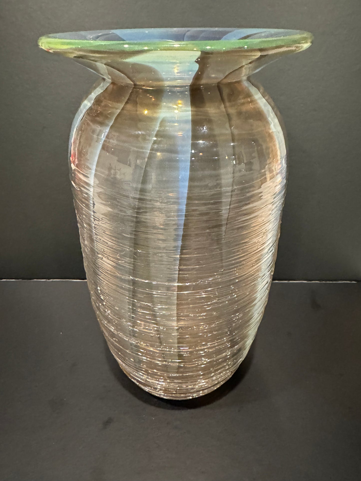 James Wilbat Art Glass Vase with Threading  - Iridescent Pearlescent Finish - 9.5" Tall
