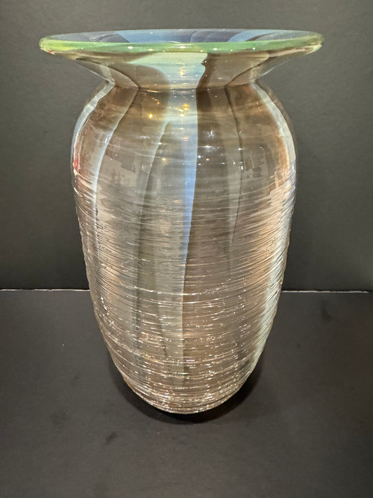 James Wilbat Art Glass Vase with Threading  - Iridescent Pearlescent Finish - 9.5" Tall