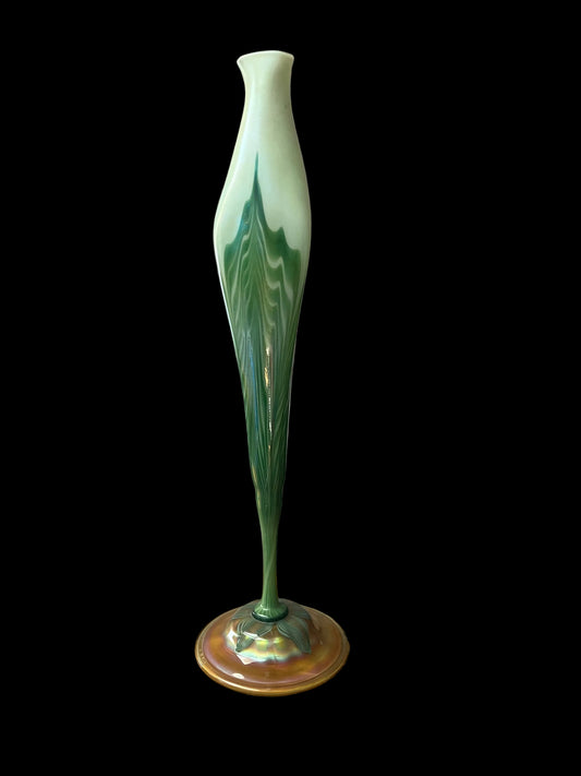 Tiffany Studios Favrile Glass Calyx Flower Form Vase, Pulled Feather, Signed LCT, 17" — c. 1894