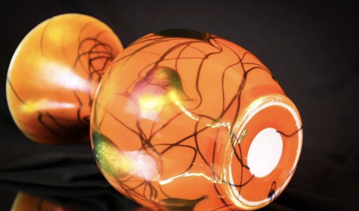 Imperial Freehand Orange Iridescent Heart & Vine Art Glass Vase