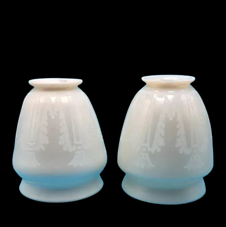 Pair Steuben Calcite Art Glass Lamp Shades with Acid-Etched Acanthus Design, Signed