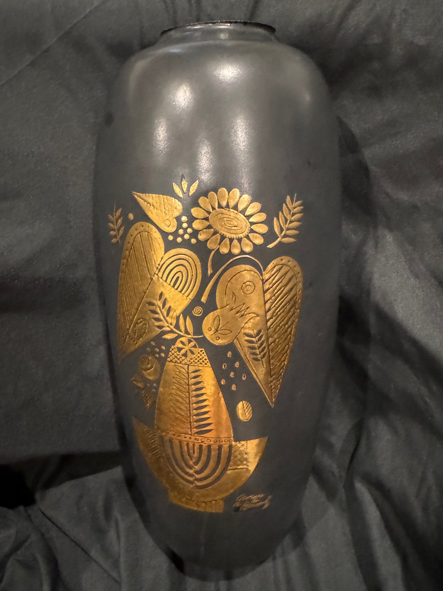 Georges Briard for Hyalyn Pottery Black & Gold 22K Ceramic Vase, MCM Hollywood Regency, 1960s, 15"