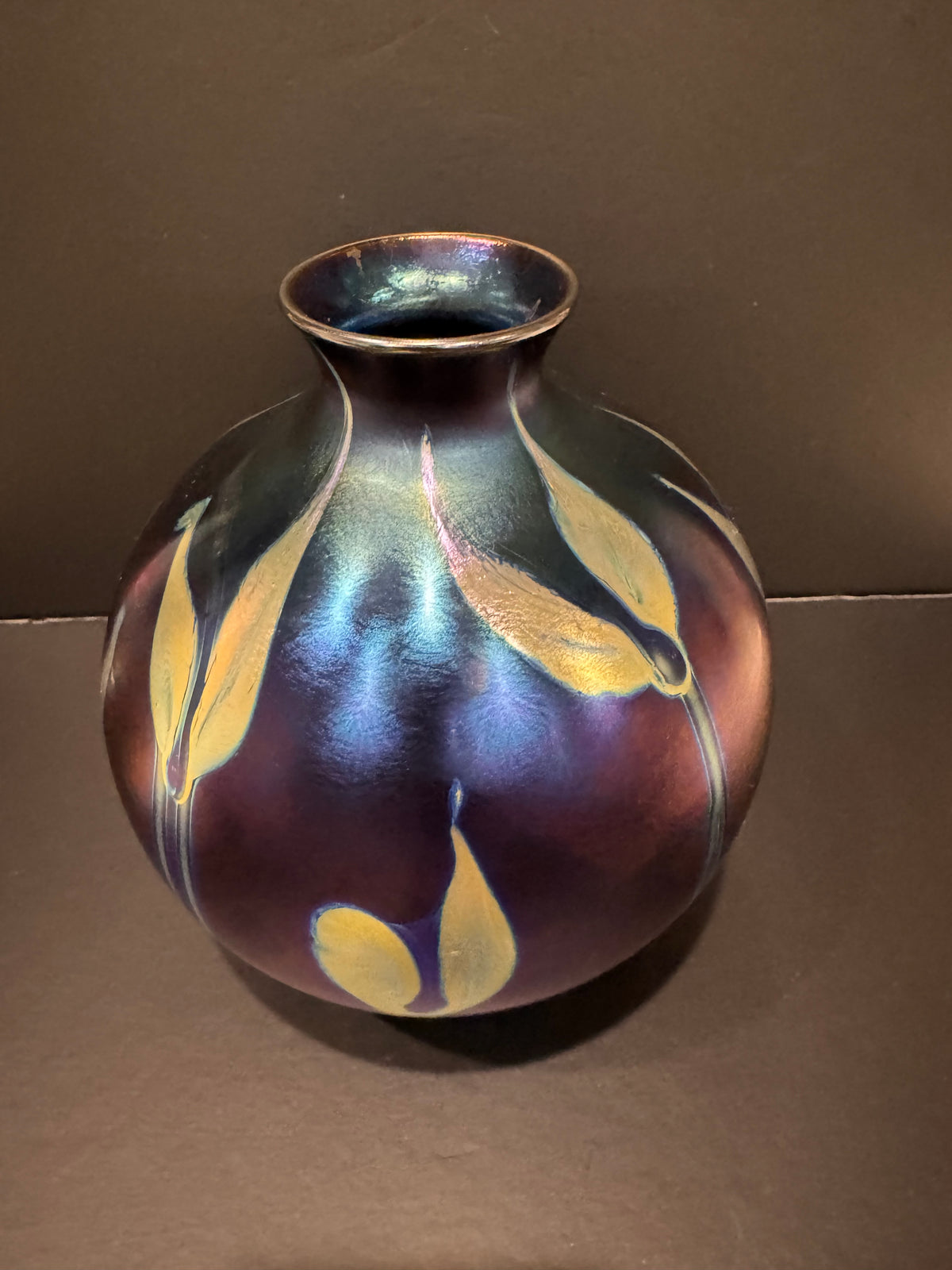 Charles Lotton Iridescent Art Glass Vase — Pulled Leaf and Vine