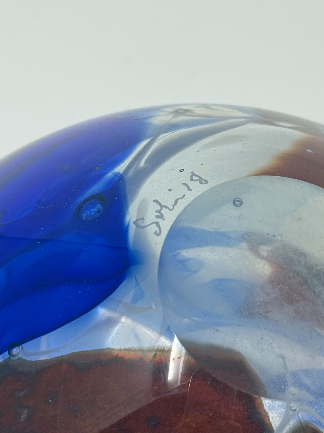 Randi Solin Signed & Dated Studio Art Glass Vase — Cobalt Blue & Amber, 7" x 8"